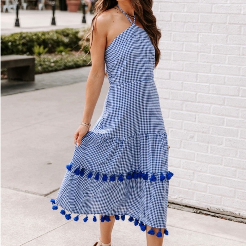 Free the Roses Blue Gingham Halter Midi Dress with Tassel Trim Tiered XS